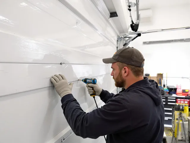 Fort Collins Garage Door Repair technician demonstrating precision dent removal techniques on a Fort Collins garage door