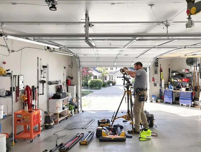 Fort Collins Garage Door Repair specialist performing laser-guided track alignment in Fort Collins